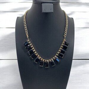 Vintage Black Bezel Set Black Stone Bib Necklace Gold Tone Chunky Chain 18"L+3"